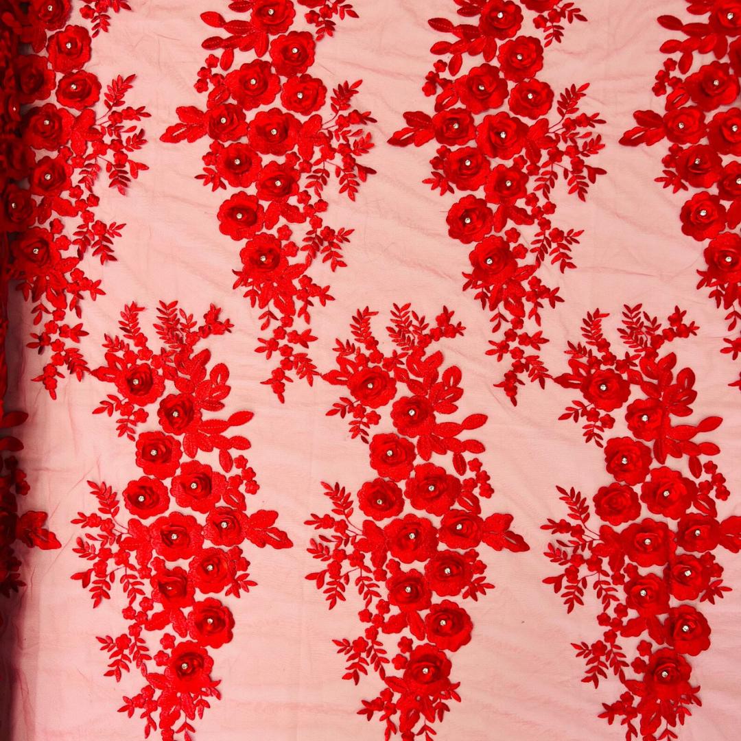 3D Floral Lace - RED - 3D Floral Embroider Beaded Rhinestones On a Mesh Lace 48” For Quinsiañera Dresses - Prom Dress Sold By Yard