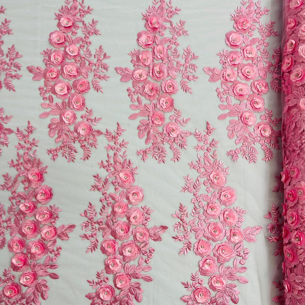 3D Floral Lace - CANDY PINK - 3D Floral Embroider Beaded Rhinestones On a Mesh Lace 48” For Quinsiañera Dresses - Prom Dress Sold By Yard
