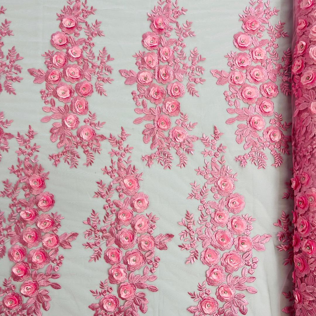 3D Floral Lace - CANDY PINK - 3D Floral Embroider Beaded Rhinestones On a Mesh Lace 48” For Quinsiañera Dresses - Prom Dress Sold By Yard