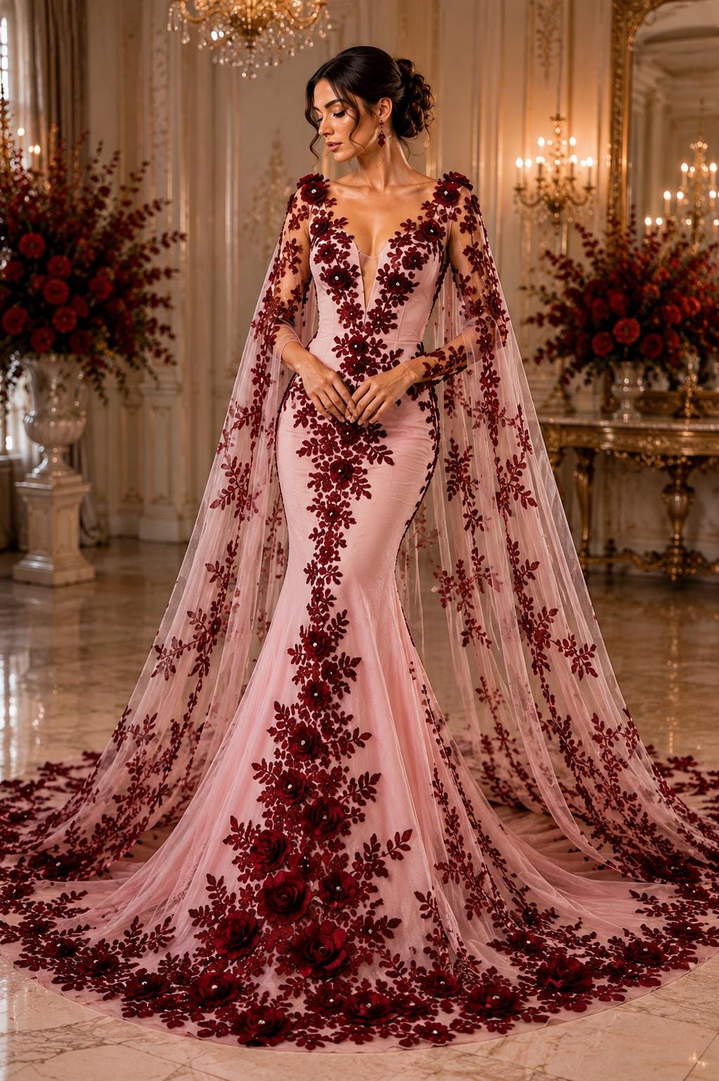 3D Floral Lace - BURGUNDY - 3D Floral Embroider Beaded Rhinestones On a Mesh Lace 48” For Quinsiañera Dresses - Prom Dress Sold By Yard