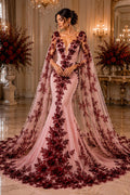 3D Floral Lace - BURGUNDY - 3D Floral Embroider Beaded Rhinestones On a Mesh Lace 48” For Quinsiañera Dresses - Prom Dress Sold By Yard