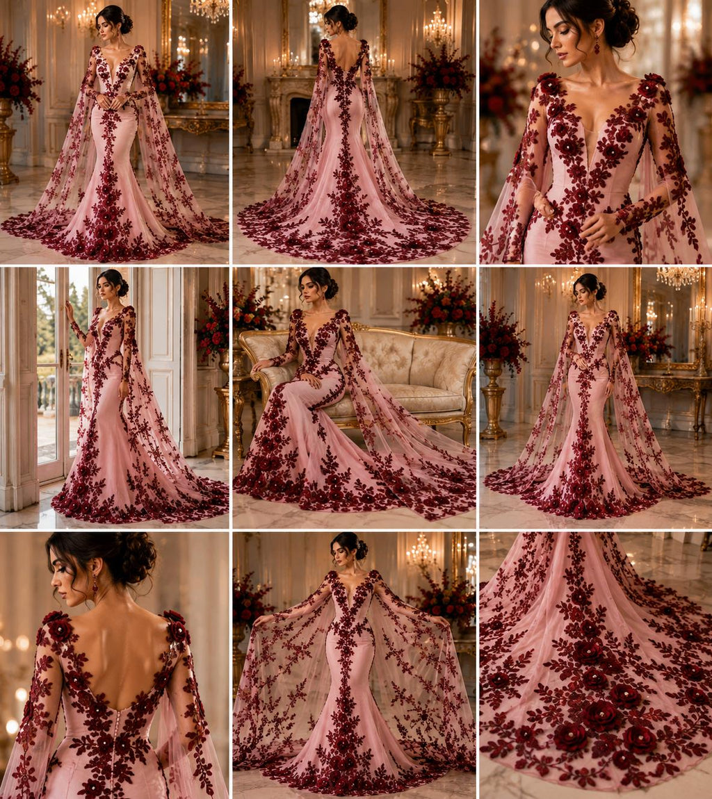 3D Floral Lace - BURGUNDY - 3D Floral Embroider Beaded Rhinestones On a Mesh Lace 48” For Quinsiañera Dresses - Prom Dress Sold By Yard