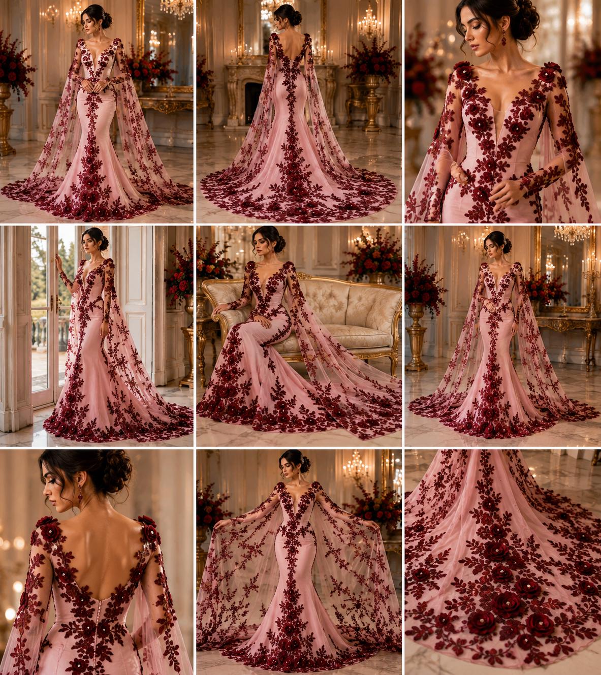 3D Floral Lace - BURGUNDY - 3D Floral Embroider Beaded Rhinestones On a Mesh Lace 48” For Quinsiañera Dresses - Prom Dress Sold By Yard