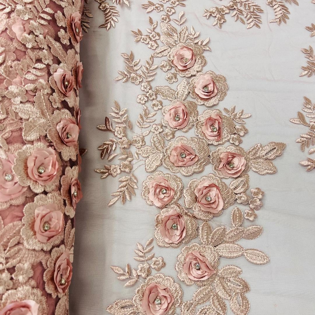 3D Floral Lace - DUSTY ROSE - 3D Floral Embroider Beaded Rhinestones On a Mesh Lace 48” For Quinsiañera Dresses - Prom Dress Sold By Yard