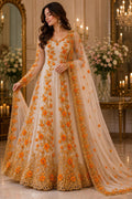 3D Floral Lace - ORANGE -  3D Floral Embroidered Mesh Lace with Pearls| Fabric For Quinsiañera Dresses - Prom Dress Sold By Yard