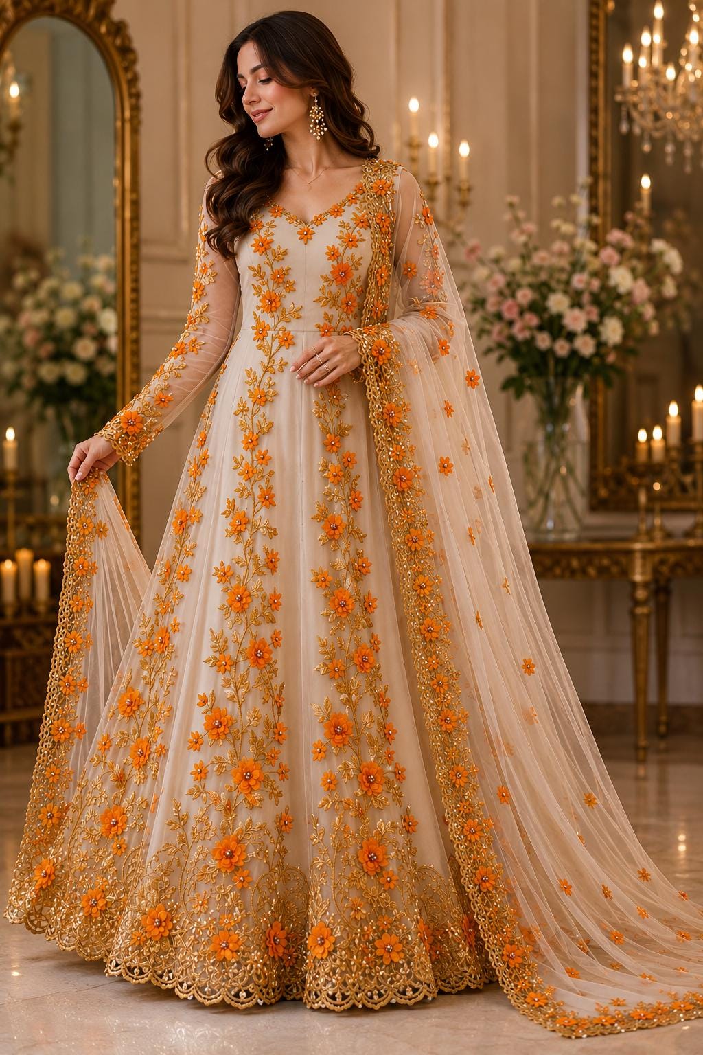 3D Floral Lace - ORANGE -  3D Floral Embroidered Mesh Lace with Pearls| Fabric For Quinsiañera Dresses - Prom Dress Sold By Yard