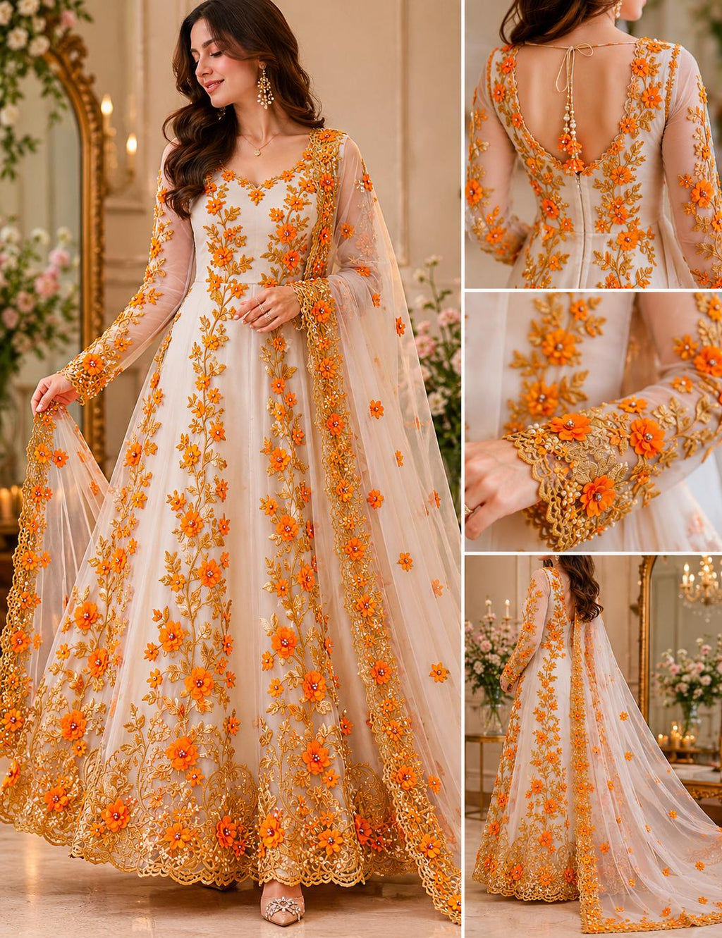 3D Floral Lace - ORANGE -  3D Floral Embroidered Mesh Lace with Pearls| Fabric For Quinsiañera Dresses - Prom Dress Sold By Yard