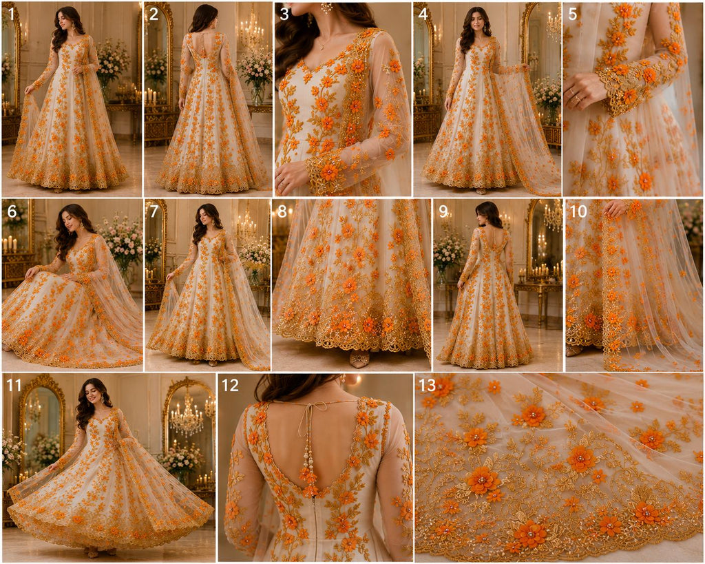 3D Floral Lace - ORANGE -  3D Floral Embroidered Mesh Lace with Pearls| Fabric For Quinsiañera Dresses - Prom Dress Sold By Yard