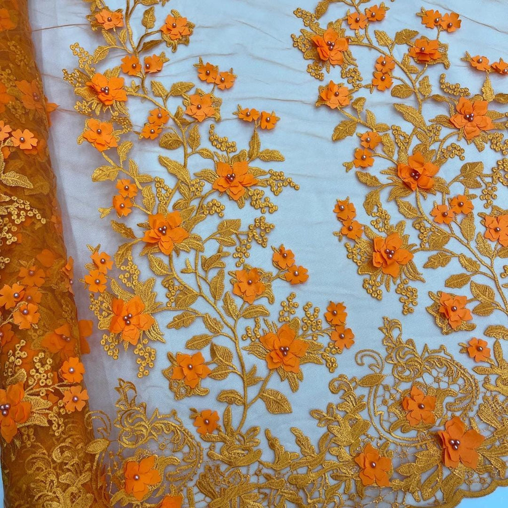 3D Floral Lace - ORANGE -  3D Floral Embroidered Mesh Lace with Pearls| Fabric For Quinsiañera Dresses - Prom Dress Sold By Yard