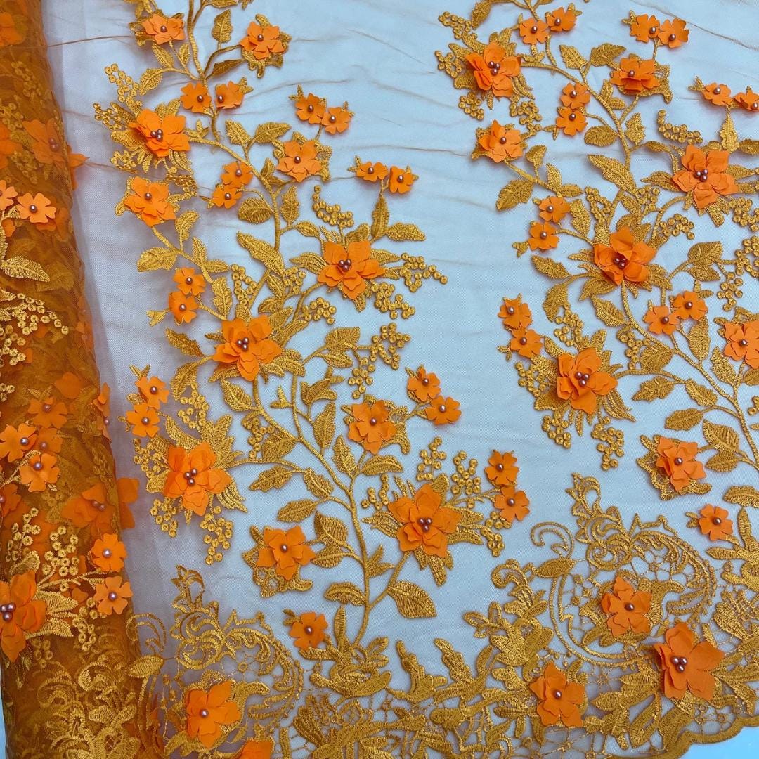 3D Floral Lace - ORANGE -  3D Floral Embroidered Mesh Lace with Pearls| Fabric For Quinsiañera Dresses - Prom Dress Sold By Yard