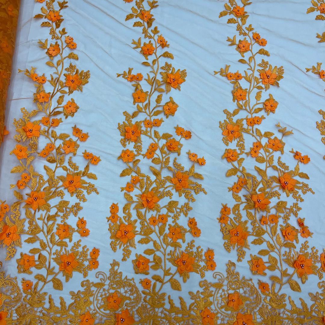 3D Floral Lace - ORANGE -  3D Floral Embroidered Mesh Lace with Pearls| Fabric For Quinsiañera Dresses - Prom Dress Sold By Yard