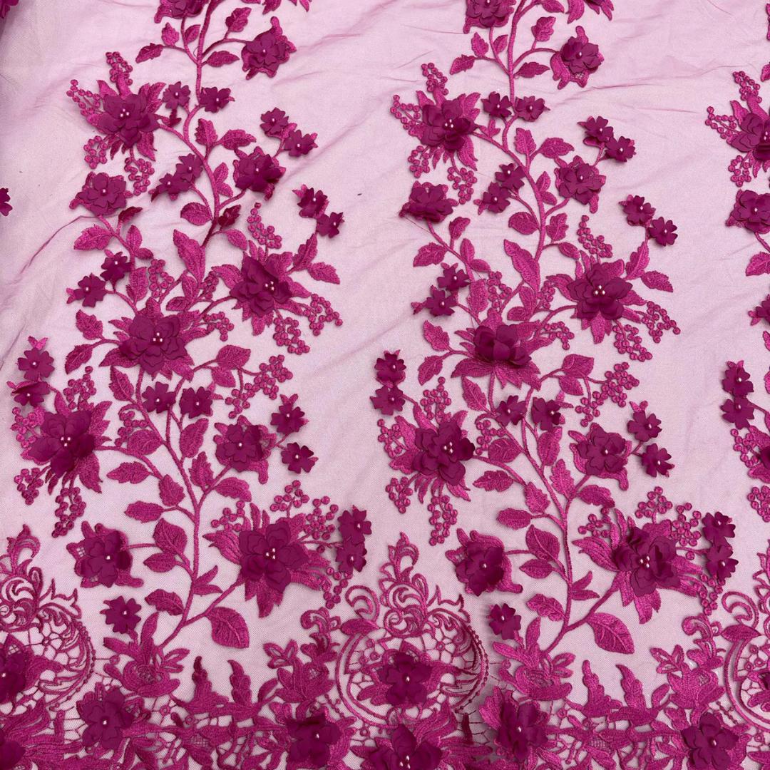 3D Floral Lace - MAGENTA -  3D Floral Embroidered Mesh Lace with Pearls| Fabric For Quinsiañera Dresses - Prom Dress Sold By Yard