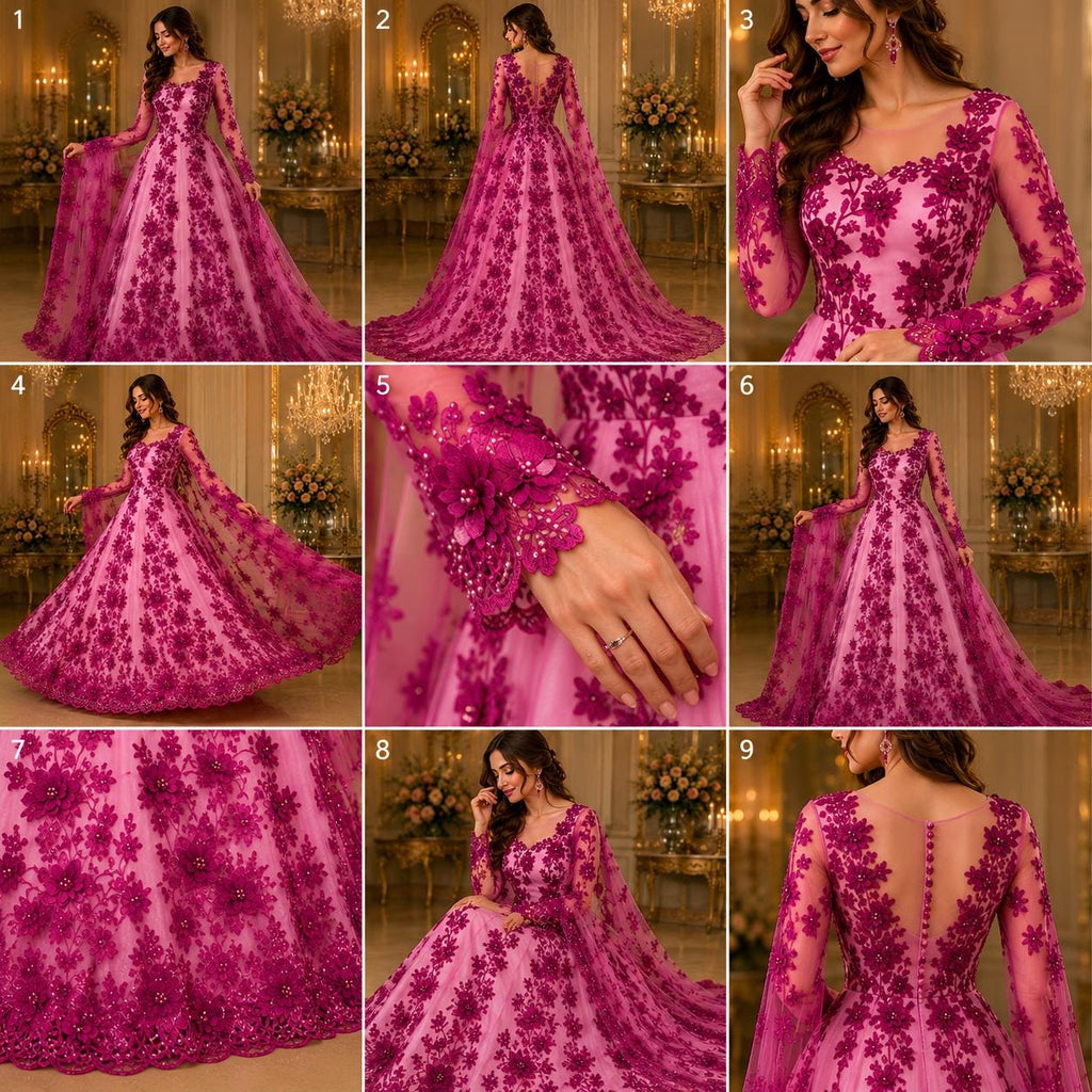 3D Floral Lace - MAGENTA -  3D Floral Embroidered Mesh Lace with Pearls| Fabric For Quinsiañera Dresses - Prom Dress Sold By Yard