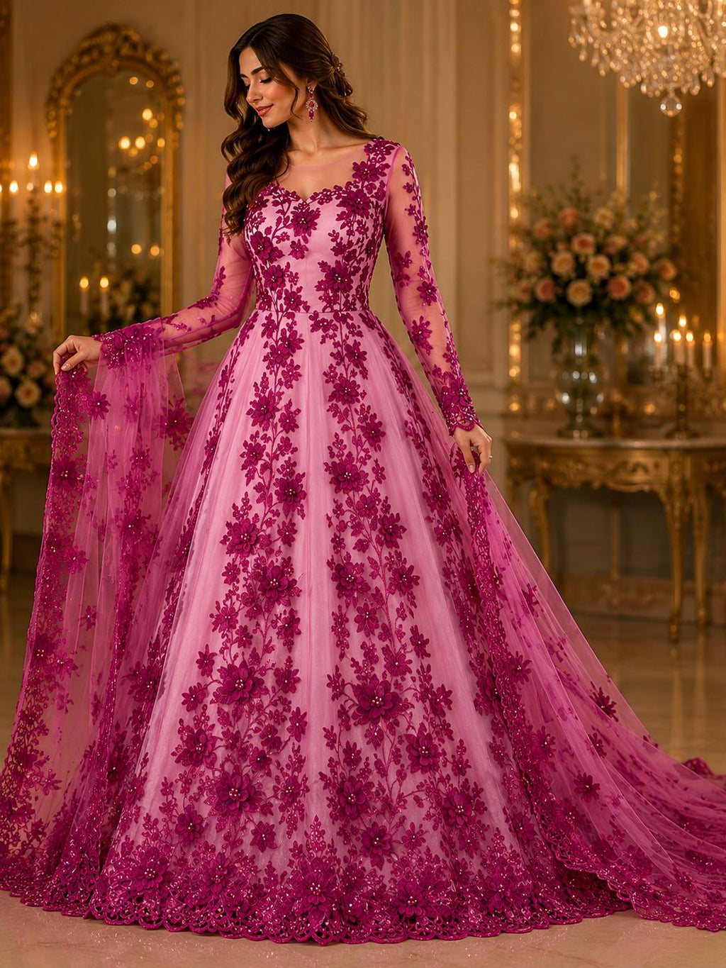 3D Floral Lace - MAGENTA -  3D Floral Embroidered Mesh Lace with Pearls| Fabric For Quinsiañera Dresses - Prom Dress Sold By Yard