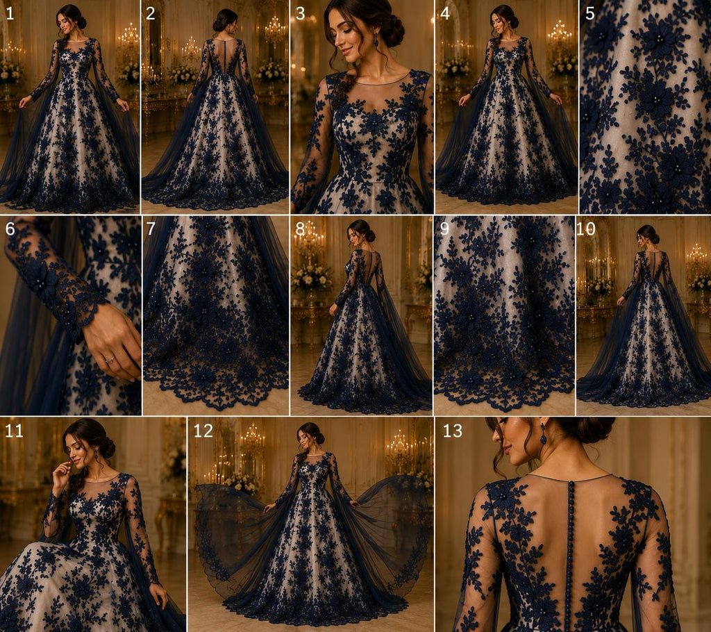 3D Floral Lace - NAVY -  3D Floral Embroidered Mesh Lace with Pearls| Fabric For Quinsiañera Dresses - Prom Dress Sold By Yard