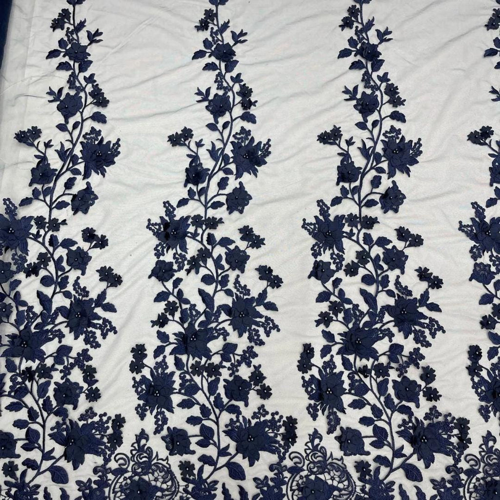 3D Floral Lace - NAVY -  3D Floral Embroidered Mesh Lace with Pearls| Fabric For Quinsiañera Dresses - Prom Dress Sold By Yard