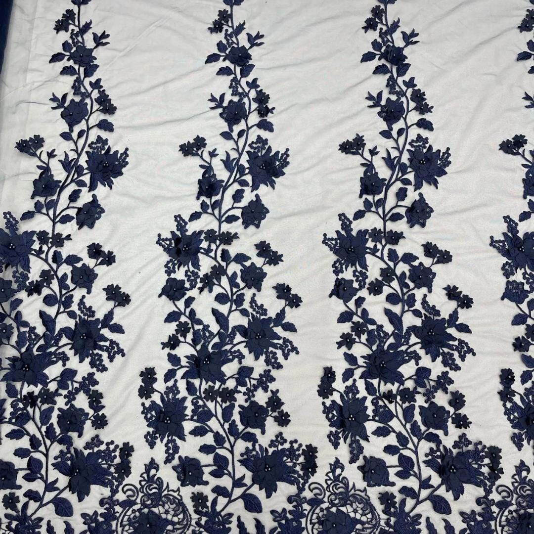 3D Floral Lace - NAVY -  3D Floral Embroidered Mesh Lace with Pearls| Fabric For Quinsiañera Dresses - Prom Dress Sold By Yard