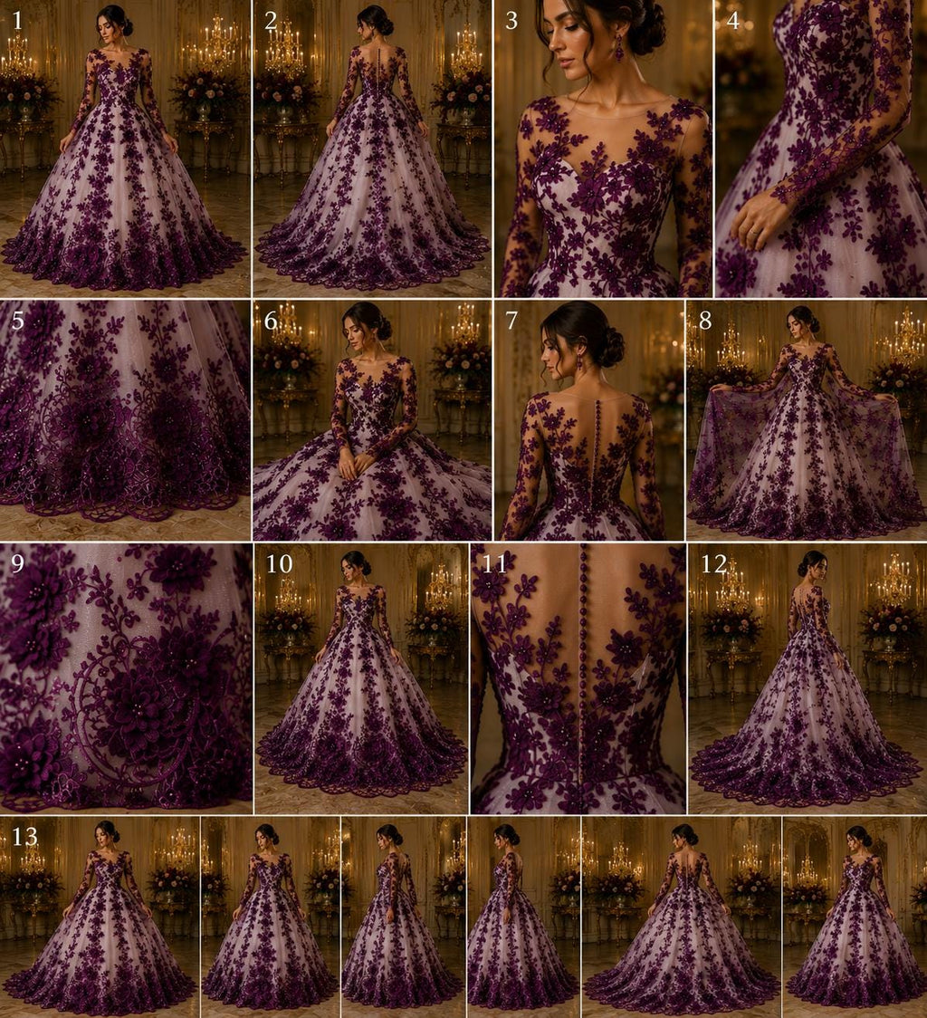 3D Floral Lace - EGGPLANT -  3D Floral Embroidered Mesh Lace with Pearls| Fabric For Quinsiañera Dresses - Prom Dress Sold By Yard