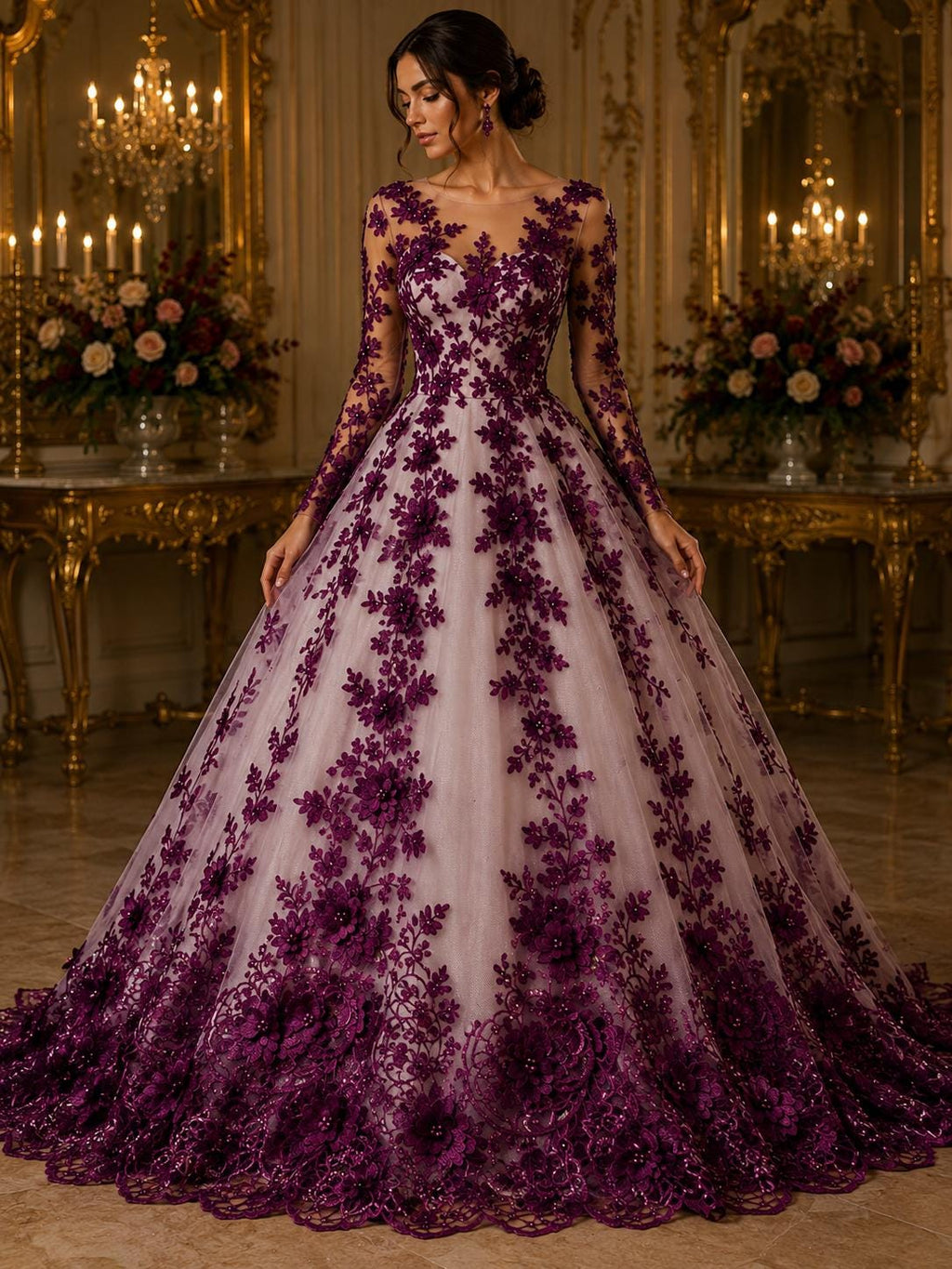 3D Floral Lace - EGGPLANT -  3D Floral Embroidered Mesh Lace with Pearls| Fabric For Quinsiañera Dresses - Prom Dress Sold By Yard