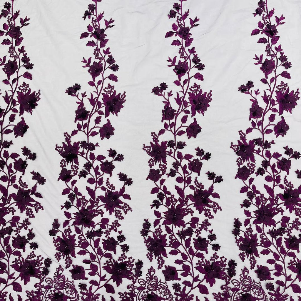 3D Floral Lace - EGGPLANT -  3D Floral Embroidered Mesh Lace with Pearls| Fabric For Quinsiañera Dresses - Prom Dress Sold By Yard