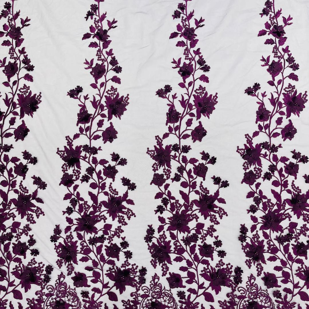 3D Floral Lace - EGGPLANT -  3D Floral Embroidered Mesh Lace with Pearls| Fabric For Quinsiañera Dresses - Prom Dress Sold By Yard