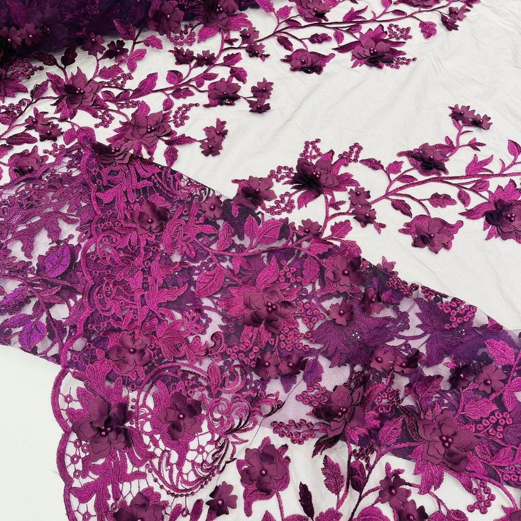 3D Floral Lace - EGGPLANT -  3D Floral Embroidered Mesh Lace with Pearls| Fabric For Quinsiañera Dresses - Prom Dress Sold By Yard