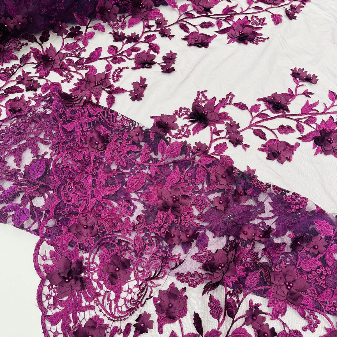 3D Floral Lace - EGGPLANT -  3D Floral Embroidered Mesh Lace with Pearls| Fabric For Quinsiañera Dresses - Prom Dress Sold By Yard