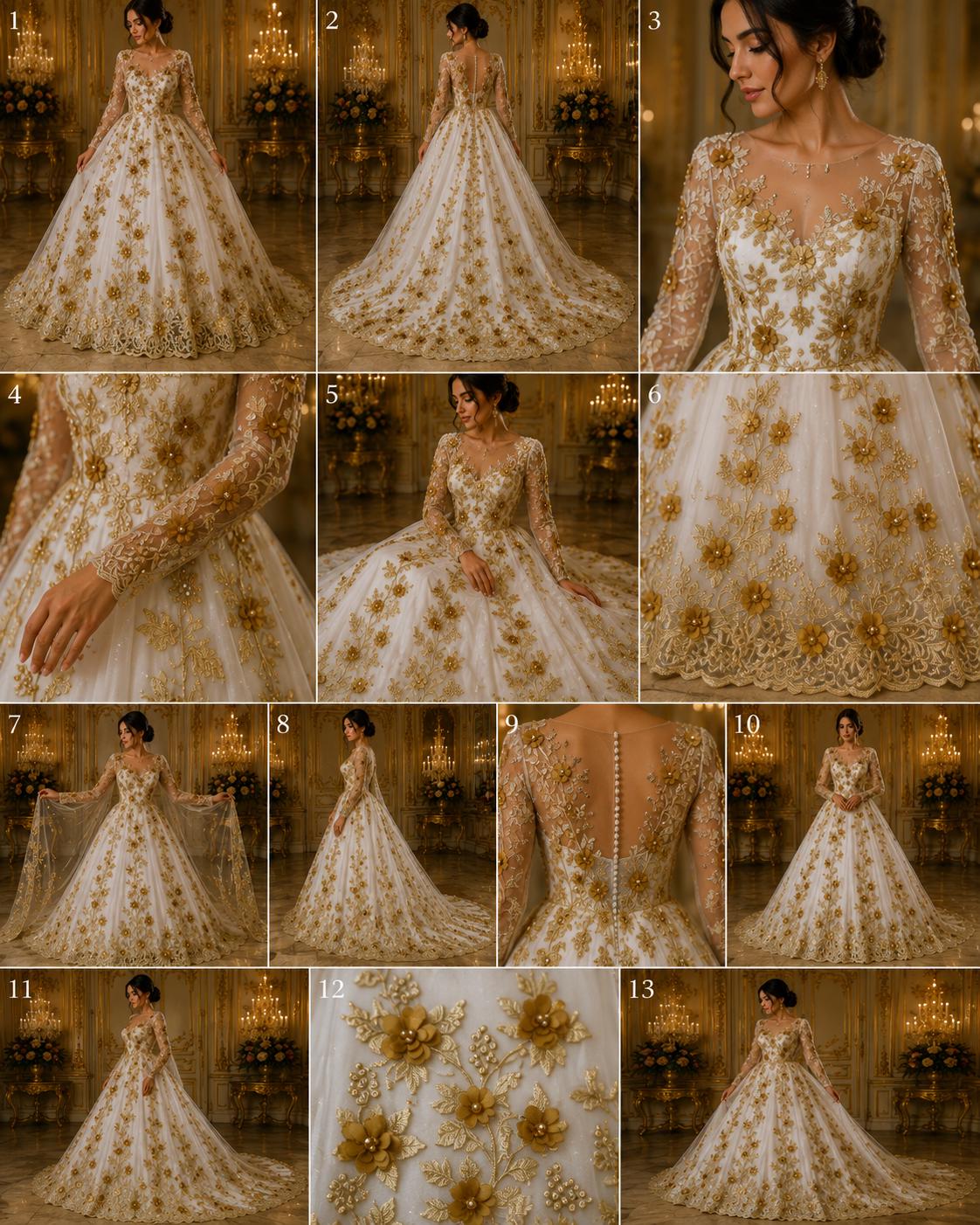 3D Floral Lace - GOLD -  3D Floral Embroidered Mesh Lace with Pearls| Fabric For Quinsiañera Dresses - Prom Dress Sold By Yard