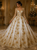 3D Floral Lace - GOLD -  3D Floral Embroidered Mesh Lace with Pearls| Fabric For Quinsiañera Dresses - Prom Dress Sold By Yard