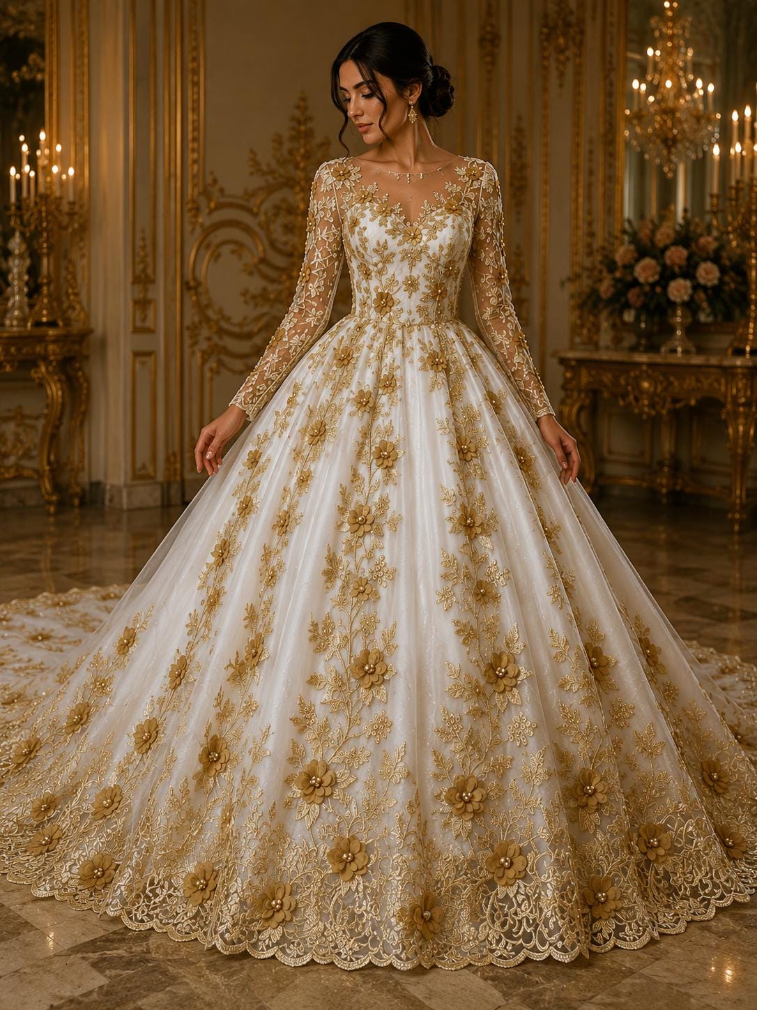 3D Floral Lace - GOLD -  3D Floral Embroidered Mesh Lace with Pearls| Fabric For Quinsiañera Dresses - Prom Dress Sold By Yard