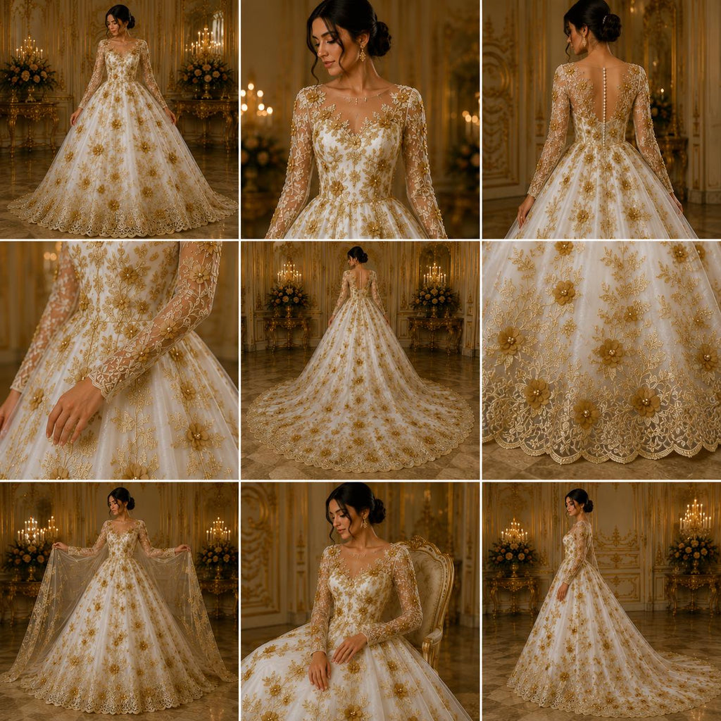 3D Floral Lace - GOLD -  3D Floral Embroidered Mesh Lace with Pearls| Fabric For Quinsiañera Dresses - Prom Dress Sold By Yard