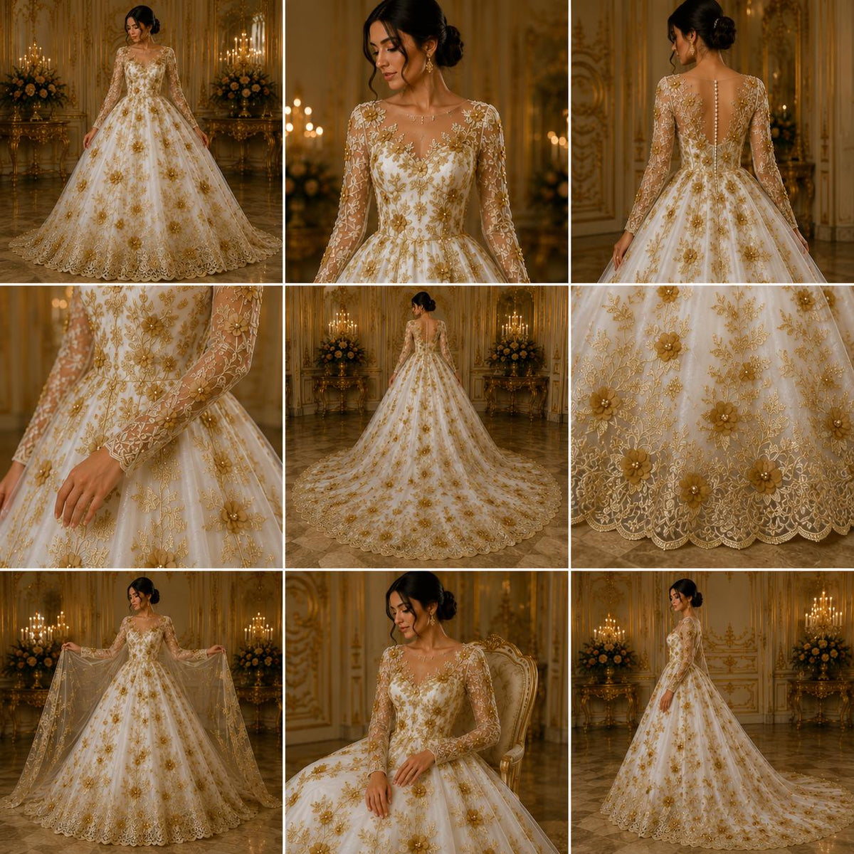 3D Floral Lace - GOLD -  3D Floral Embroidered Mesh Lace with Pearls| Fabric For Quinsiañera Dresses - Prom Dress Sold By Yard