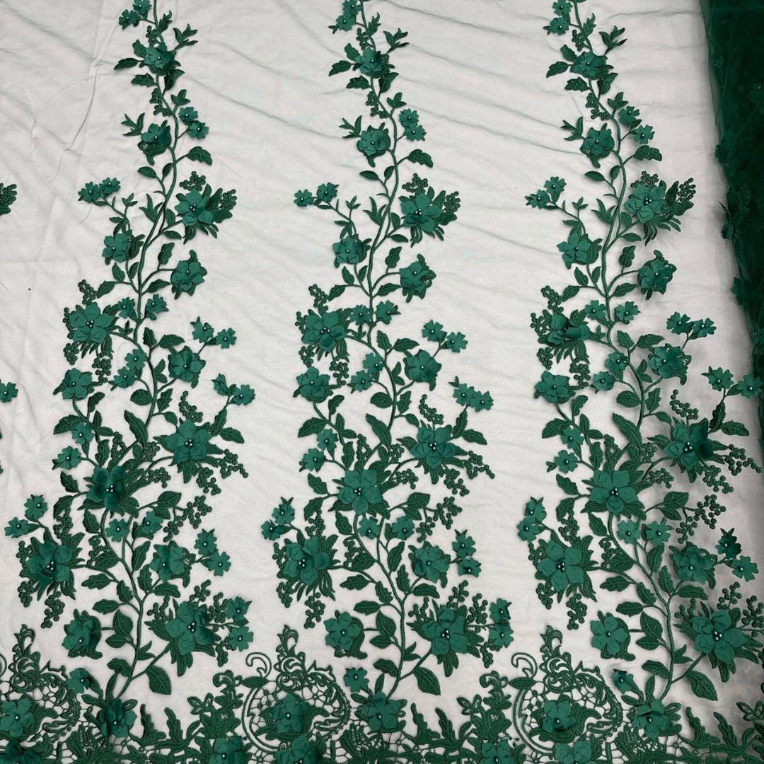 3D Floral Lace - HUNTER -  3D Floral Embroidered Mesh Lace with Pearls| Fabric For Quinsiañera Dresses - Prom Dress Sold By Yard