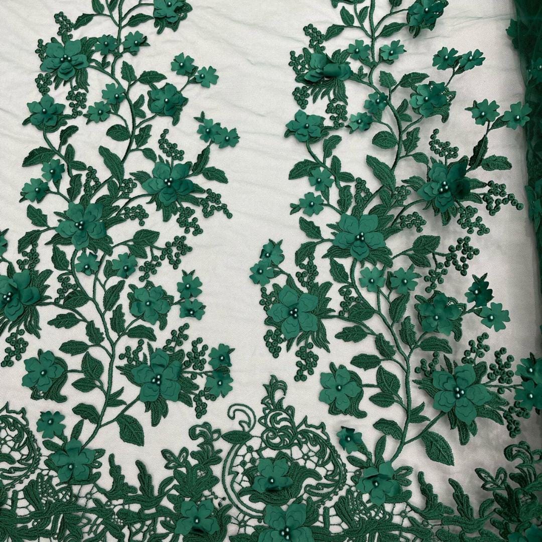 3D Floral Lace - HUNTER -  3D Floral Embroidered Mesh Lace with Pearls| Fabric For Quinsiañera Dresses - Prom Dress Sold By Yard
