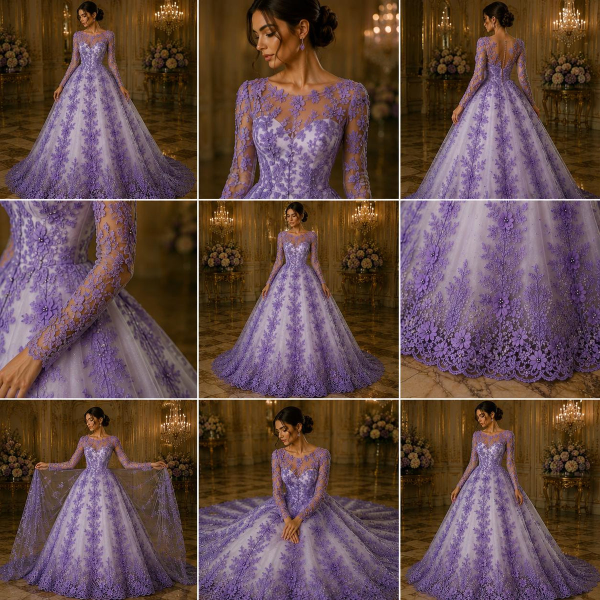 3D Floral Lace - LAVENDER -  3D Floral Embroidered Mesh Lace with Pearls| Fabric For Quinsiañera Dresses - Prom Dress Sold By Yard