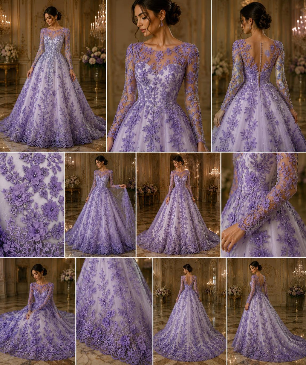 3D Floral Lace - LAVENDER -  3D Floral Embroidered Mesh Lace with Pearls| Fabric For Quinsiañera Dresses - Prom Dress Sold By Yard