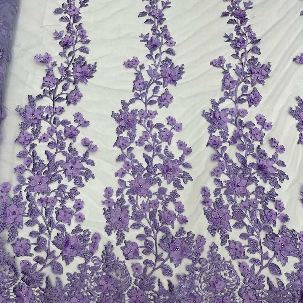 3D Floral Lace - LAVENDER -  3D Floral Embroidered Mesh Lace with Pearls| Fabric For Quinsiañera Dresses - Prom Dress Sold By Yard