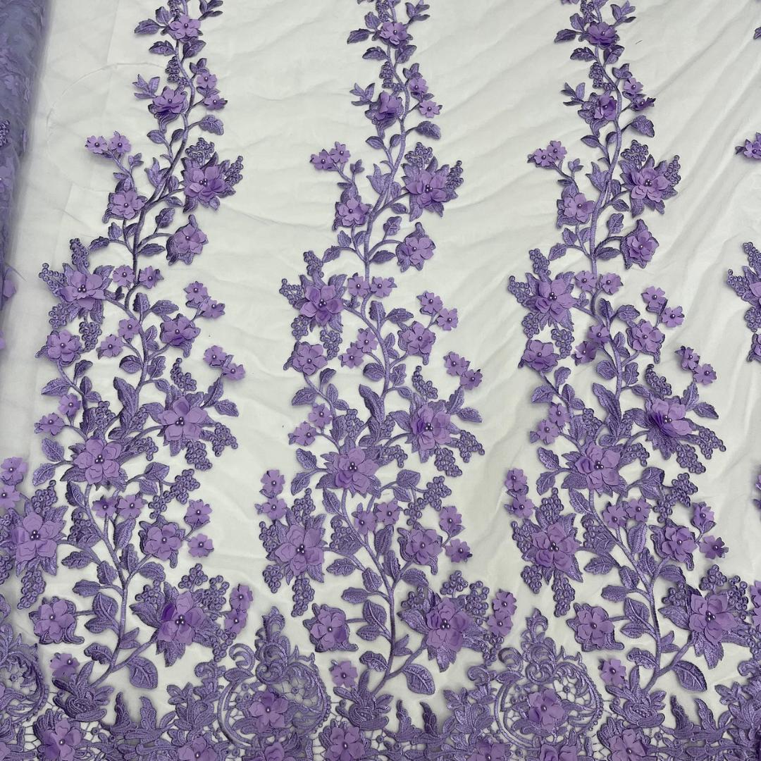 3D Floral Lace - LAVENDER -  3D Floral Embroidered Mesh Lace with Pearls| Fabric For Quinsiañera Dresses - Prom Dress Sold By Yard