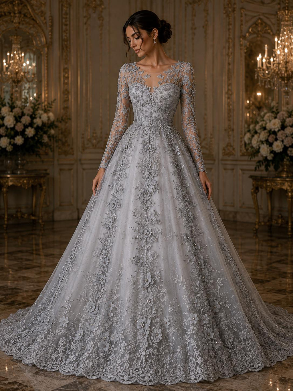 3D Floral Lace - SILVER -  3D Floral Embroidered Mesh Lace with Pearls| Fabric For Quinsiañera Dresses - Prom Dress Sold By Yard