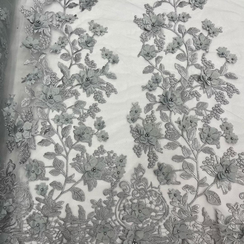 3D Floral Lace - SILVER -  3D Floral Embroidered Mesh Lace with Pearls| Fabric For Quinsiañera Dresses - Prom Dress Sold By Yard