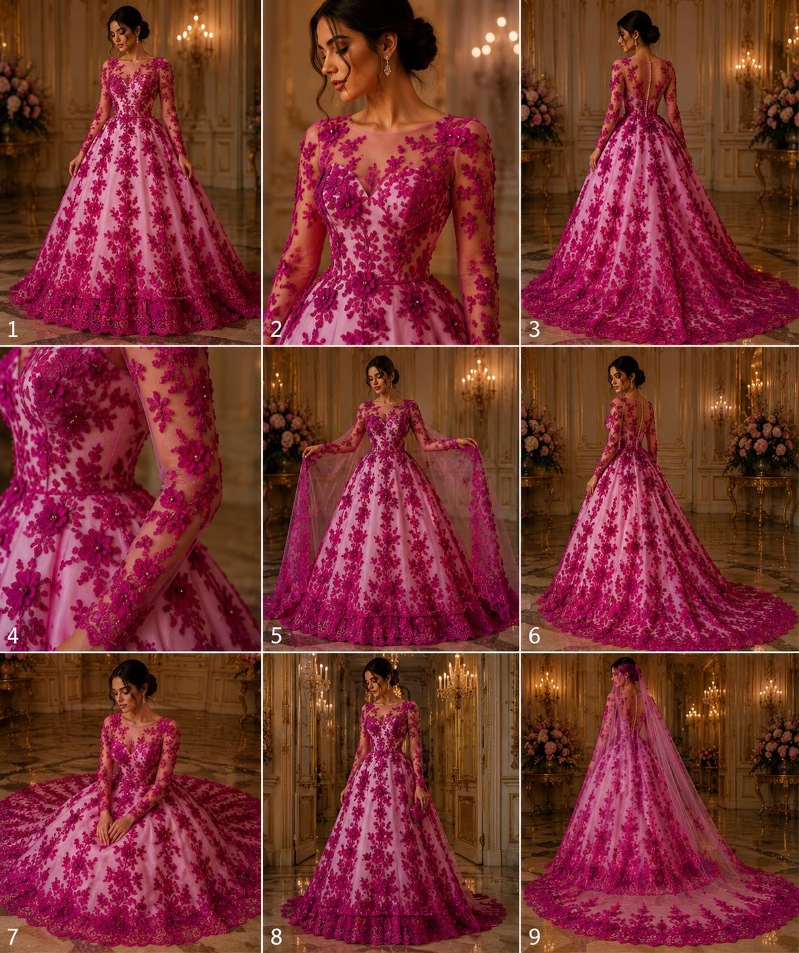 3D Floral Lace - FUCHSIA -  3D Floral Embroidered Mesh Lace with Pearls| Fabric For Quinsiañera Dresses - Prom Dress Sold By Yard