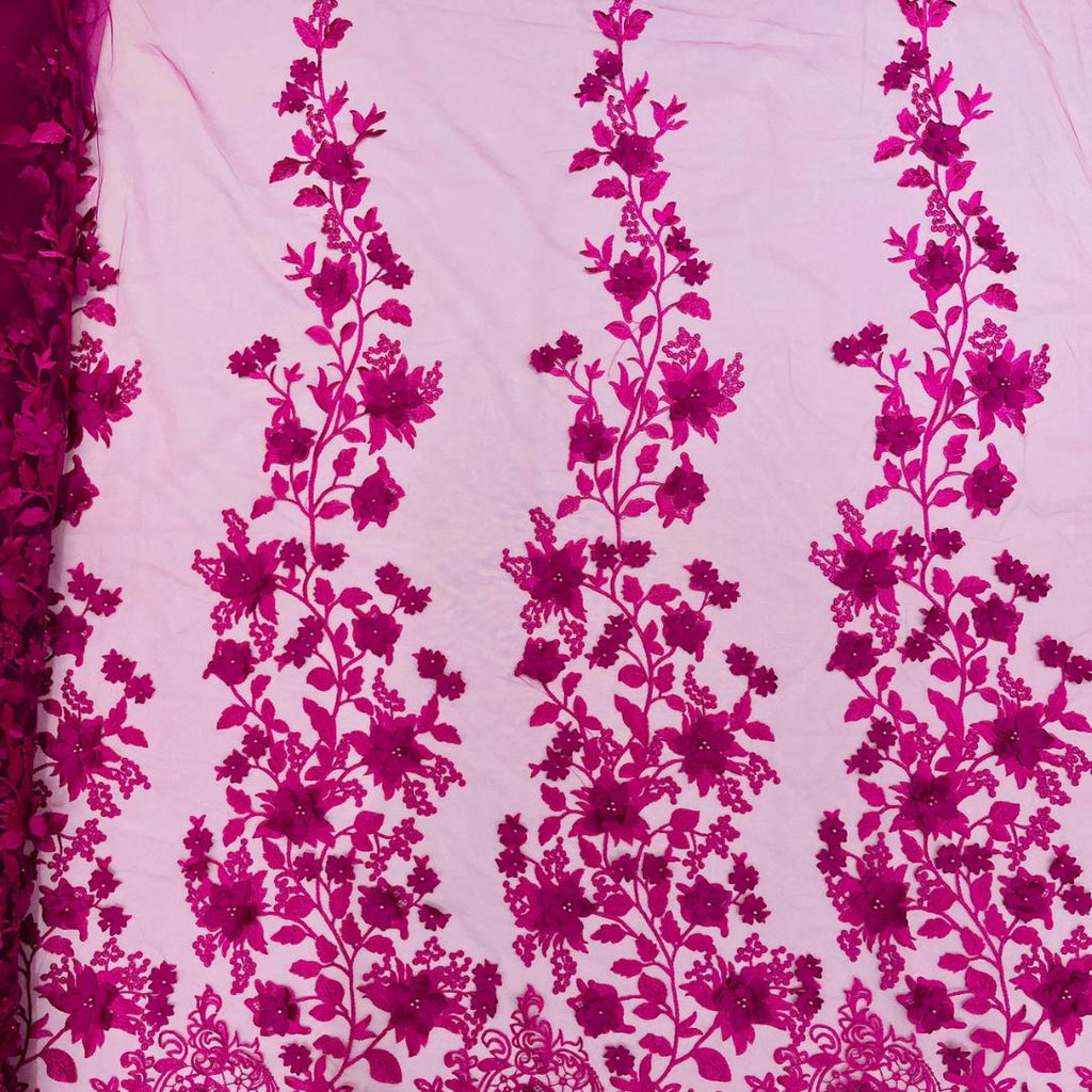 3D Floral Lace - FUCHSIA -  3D Floral Embroidered Mesh Lace with Pearls| Fabric For Quinsiañera Dresses - Prom Dress Sold By Yard