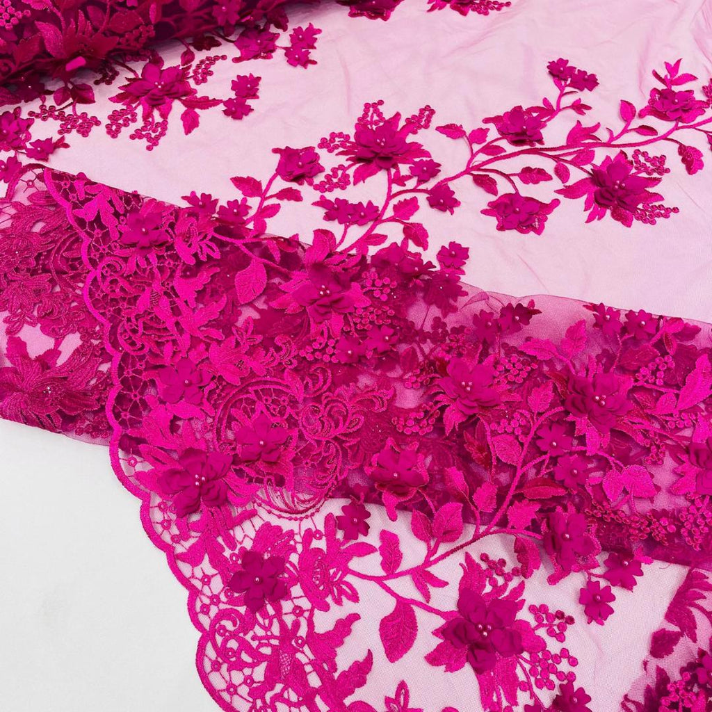 3D Floral Lace - FUCHSIA -  3D Floral Embroidered Mesh Lace with Pearls| Fabric For Quinsiañera Dresses - Prom Dress Sold By Yard