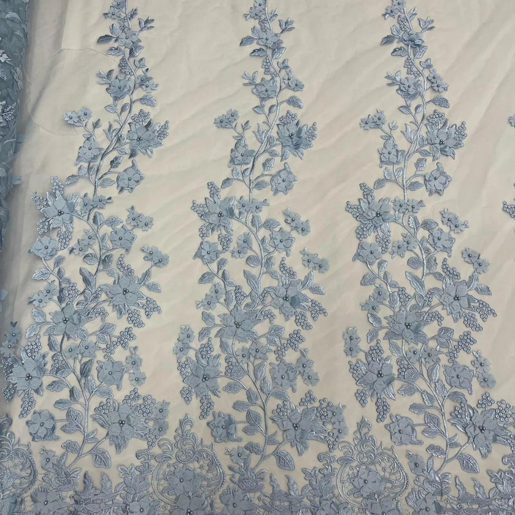 3D Floral Lace - LT BLUE -  3D Floral Embroidered Mesh Lace with Pearls| Fabric For Quinsiañera Dresses - Prom Dress Sold By Yard