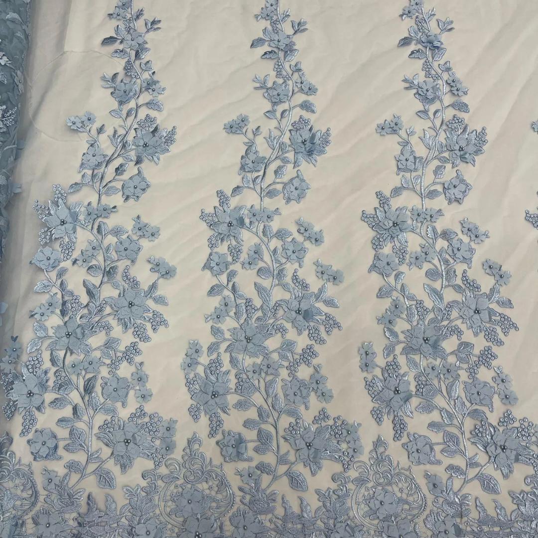 3D Floral Lace - LT BLUE -  3D Floral Embroidered Mesh Lace with Pearls| Fabric For Quinsiañera Dresses - Prom Dress Sold By Yard