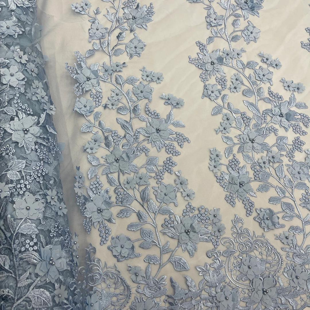 3D Floral Lace - LT BLUE -  3D Floral Embroidered Mesh Lace with Pearls| Fabric For Quinsiañera Dresses - Prom Dress Sold By Yard