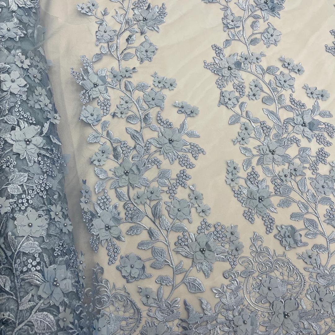 3D Floral Lace - LT BLUE -  3D Floral Embroidered Mesh Lace with Pearls| Fabric For Quinsiañera Dresses - Prom Dress Sold By Yard