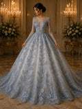 3D Floral Lace - LT BLUE -  3D Floral Embroidered Mesh Lace with Pearls| Fabric For Quinsiañera Dresses - Prom Dress Sold By Yard