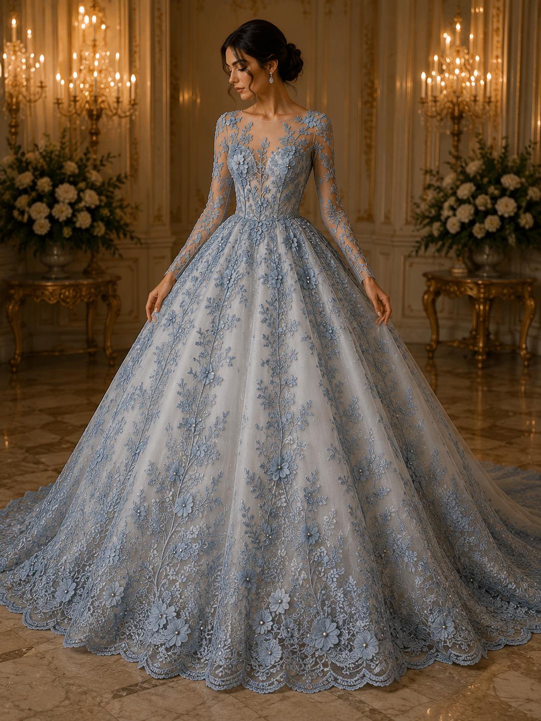 3D Floral Lace - LT BLUE -  3D Floral Embroidered Mesh Lace with Pearls| Fabric For Quinsiañera Dresses - Prom Dress Sold By Yard