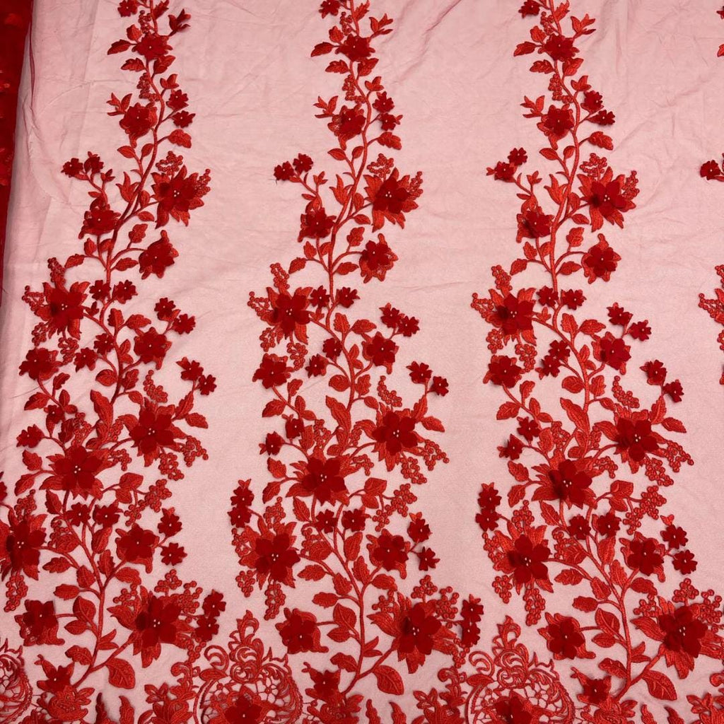 3D Floral Lace - RED -  3D Floral Embroidered Mesh Lace with Pearls| Fabric For Quinsiañera Dresses - Prom Dress Sold By Yard